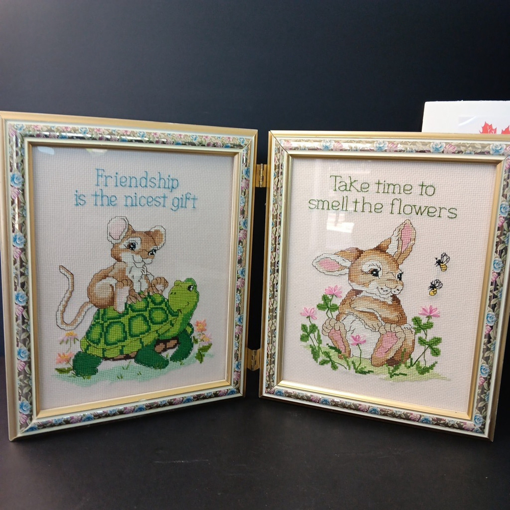 Needlepoint Finished In Frame Desk Decor Gorgeous! Turtle Rabbit Mouse Canada - Picture 2 of 16